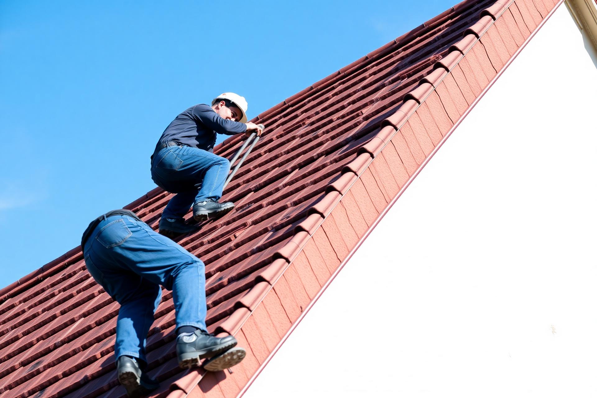 Professional roofers installing tiles on a residential roof in West Sussex
